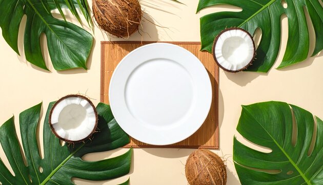Elegant empty white dining plate centered on a bamboo mat surrounded by fresh tropical monstera leaves and whole halved coconuts for summer food presentation