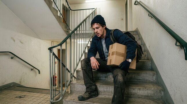 Individual Seated on Concrete Stairs Carrying Personal Belongings