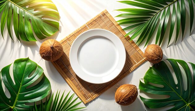 Empty white ceramic plate on a bamboo mat surrounded by fresh tropical monstera leaves and whole brown coconuts for a summer food presentation