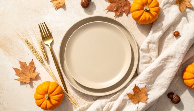 Elegant Autumn Seasonal Table Setting Featuring A Minimalist Ceramic Plate With A Gold Fork Surrounded By Vibrant Orange Pumpkins And Golden Leaves