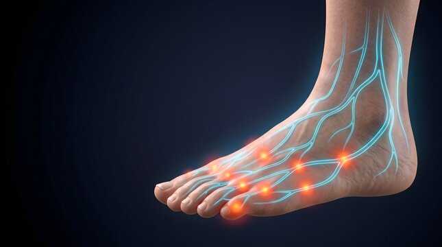 3D medical illustration of human foot with highlighted circulatory system and pain points, blood circulation and inflammation concept