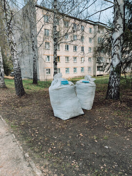 Bags filled with fallen leaves and garden waste after yard cleanup in residential area.
