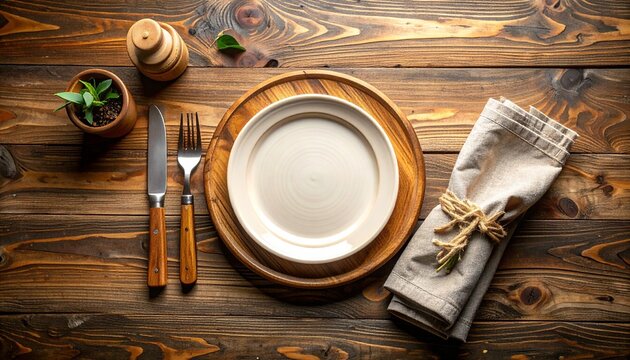 Rustic Wooden Table Setting with Ceramic Plate Flat Lay Photography Featuring Linen Napkin and Vintage Cutlery for Elegant Dining Concept