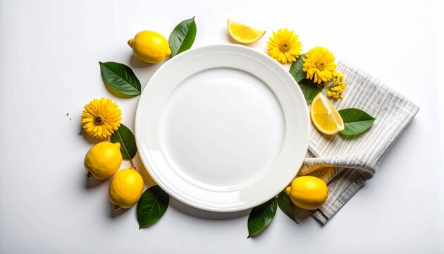 Top view flat lay composition of an empty white ceramic dinner plate surrounded by fresh yellow lemons with green leaves and bright flowers on a linen fabric background