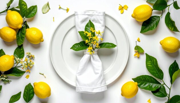 Elegant White Dinner Plate Surrounded by Fresh Yellow Lemons and Green Leaves in a Beautiful Minimalist Kitchen Table Setting for Summer Dining