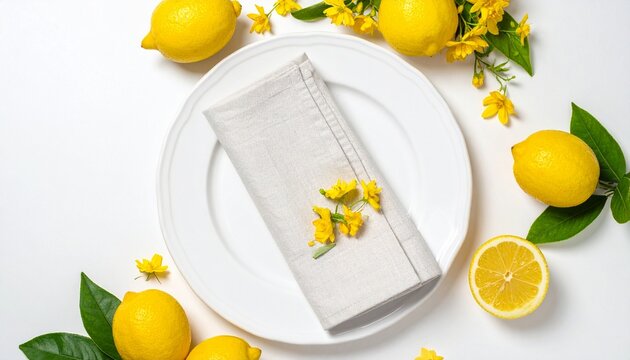 Elegant Top View Flat Lay Featuring a Minimalist White Dinner Plate Decorated with Fresh Yellow Lemons and Delicate Spring Flowers on a Clean White Surface