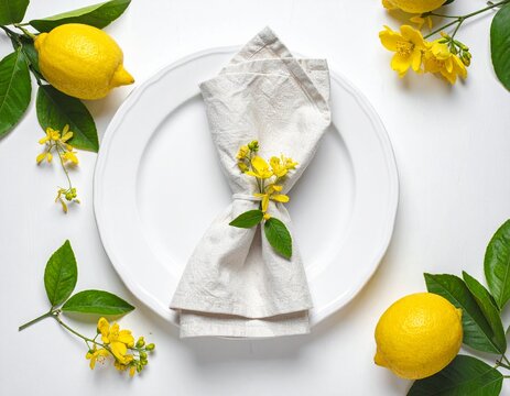 Elegant Top View Flat Lay of a White Dinner Plate Featuring a Linen Napkin Decorated with Fresh Yellow Flowers and Ripe Lemons on a Minimalist Surface
