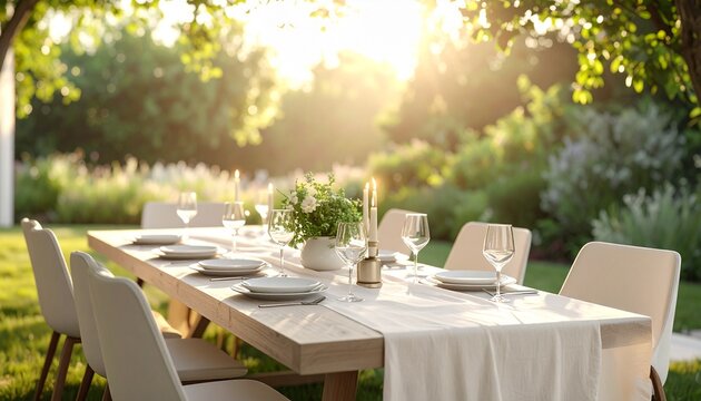 Elegant Outdoor Dining Table Setup for Summer Garden Events Featuring Minimalist Tableware and Warm Golden Hour Sunlight Filtered Through Lush Green Foliage