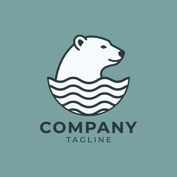 Minimalist polar bear head swimming in ocean waves logo.