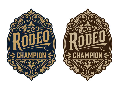Vintage Rodeo Champion Logo Badges with Ornate Western Flourishes