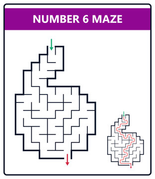 Digit six shape Number maze puzzle activity with solution track and blank version for math workbook.