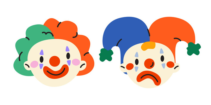 Two funny clown faces with happy smiling emotion and sad unhappy expression. Circus cartoon character with classic makeup and colorful jester hats