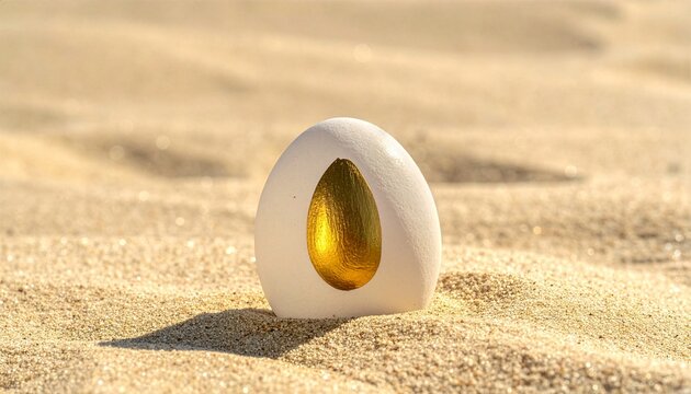 White egg with golden teardrop symbol resting on desert sand dune in bright sunlight conceptual 3D illustration