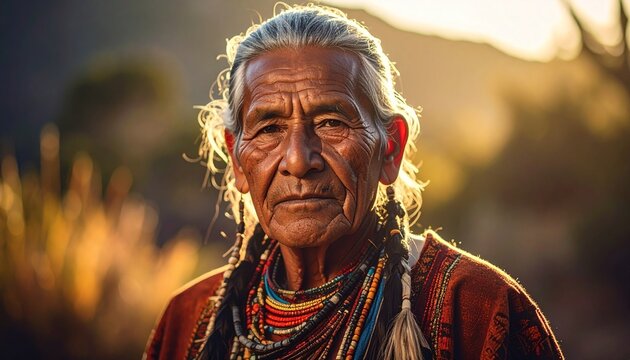 Portrait of an Indigenous Elder with Traditional Garments Captured in Soft Sunset Golden Hour Lighting Emphasizing Wisdom and Cultural Heritage