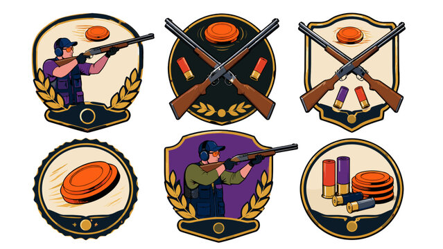 Shooting sport badge set with rifles shells and clay targets