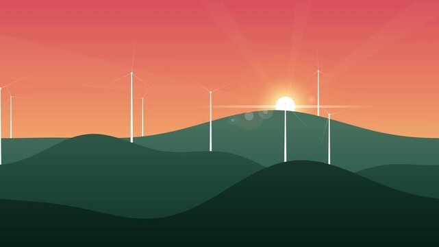 Sunset behind digital mountain range with glowing vertical beams