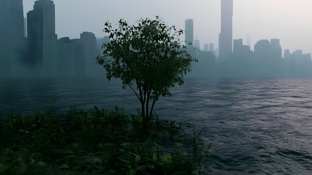 A lone tree stands resiliently on a small patch of land surrounded by water  with a hazy city skyline looming in the background