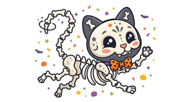 Cute skeleton cat illustration with Halloween theme and colorful details