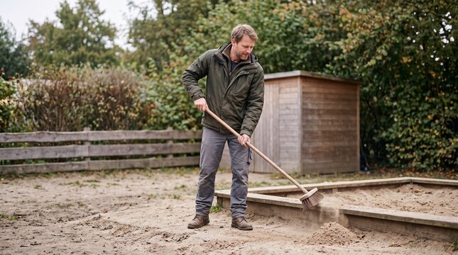 Mann kehrt Sandkasten mit Besen in Kita-Garten in Totale