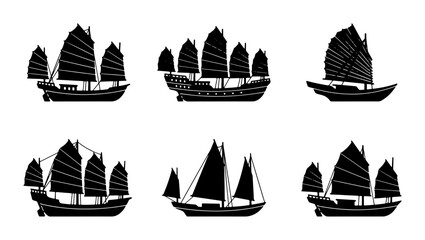 Set of 6 Black Silhouette Junk Sailboats, Traditional Chinese Sailing Vessels, Maritime Travel Icons, Asian Nautical Transport Collection © Farzana