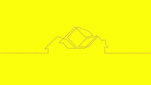 Continuous One Line and Dashed Line 3D Cube Real Estate House Skyline Logo Drawing Animation Isolated on White, Black, Green Screen Chroma Key, and Yellow Backgrounds
