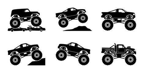 Monster Truck Vector Icons Set, Off-Road Vehicle Silhouettes, Extreme Sports and Adventure Graphics, Rugged Automotive Designs © Farzana