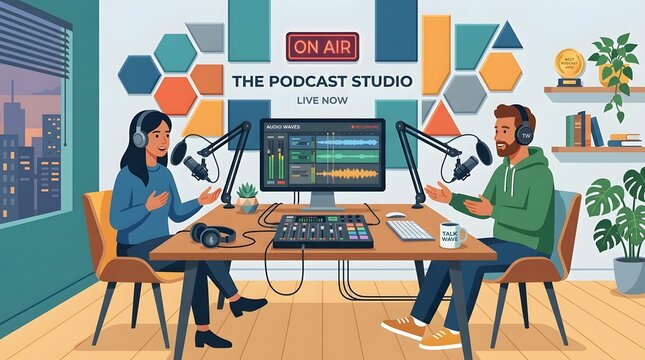 Two Podcasters Recording in Modern Studio with Professional Equipment