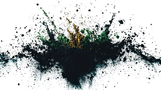 Abstract digital composition of water and colorful particles exploding on black
