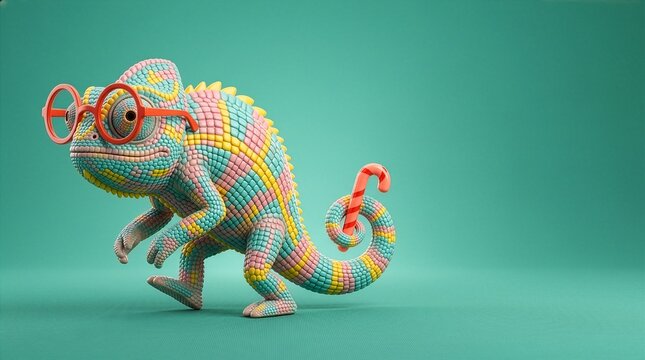 Cute colorful 3D chameleon wearing red glasses holding a candy cane with its tail on a teal background