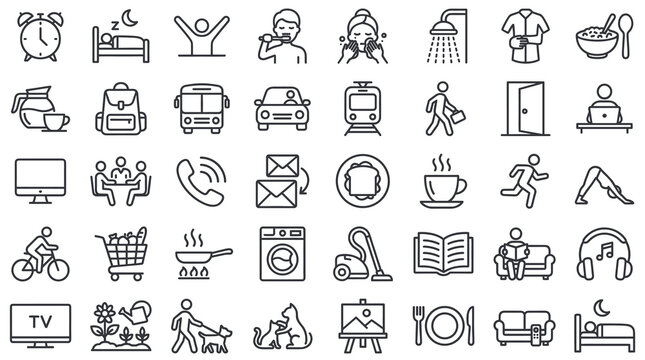 Daily routine line icons set, 40 lifestyle activities vector symbols, morning and evening schedule outline signs for planning and habit tracking