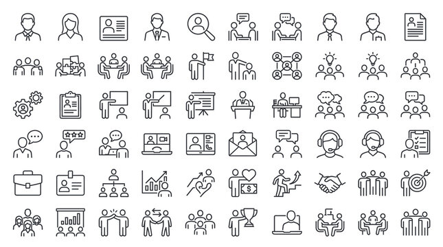 Business people line icons set, corporate team and human resources vector symbols, professional management and office work 60 eps icons