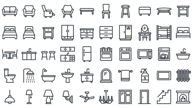 Minimalist furniture line icons, 50 home interior vector symbols. Modern house equipment and decor outline set for floor plans and apps.