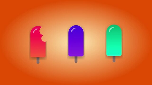 Colorful ice cream popsicles being bitten on an orange background