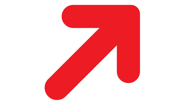 Bold red diagonal arrow pointing up and right with diagonal pointing navigation movement progress isolated business communication instruction positive increase highlight