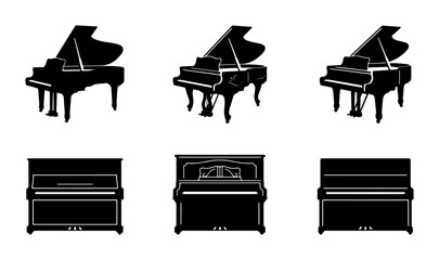 Grand and Upright Piano Silhouettes, Musical Instrument Icons, Vector Set for Music Education and Performance Graphics © Shakil