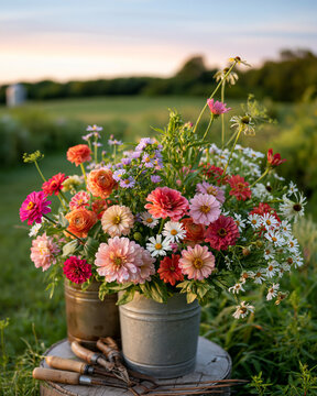 Fresh seasonal flowers harvested on local flower farm with reusable buckets and hand tools showcasing sustainable farm to vase floristry