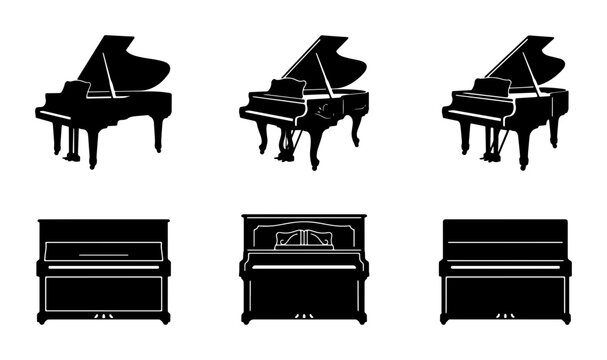 Grand and Upright Piano Silhouettes, Musical Instrument Icons, Vector Set for Music Education and Performance Graphics