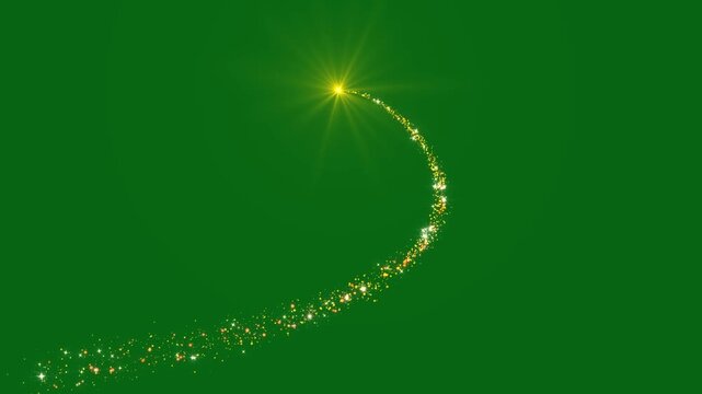 Golden glitter comet light tail with sparkling fairy dust, glowing golden particles flare, magical twinkling stars, luxury bokeh shimmer on green  background seamless 4K