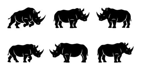 Fototapeta premium Six Silhouette Rhinoceros Icons, Wildlife Animal Vector Graphics, African Safari Mammal Illustrations, Powerful Beast Symbol Set