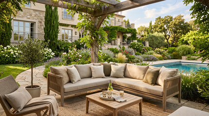 Fototapeta premium luxury outdoor patio with comfortable sofa furniture seating area next to swimming pool in a lush villa garden landscape