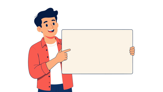 Smiling man holding blank rectangular sign in flat vector style