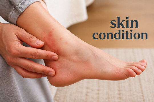 A person's foot with a skin condition is being examined by hands indoors.