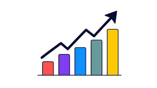 Rising bar chart with upward arrow line icon illustration