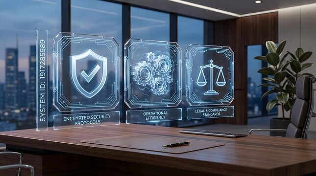 Corporate compliance framework and encrypted security protocols shown on futuristic holographic display in modern office