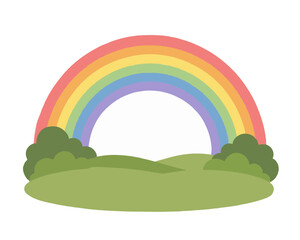 Obraz premium Hand-traced vector illustration of a colorful pastel rainbow arching gracefully over rolling green hills, bushes, and a sunny meadow landscape