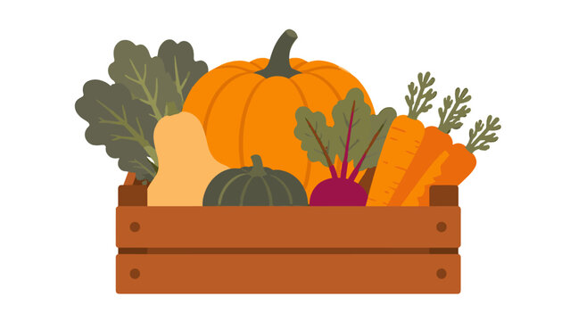 Wooden crate with pumpkin, squash, carrots and leafy vegetables