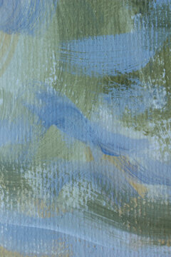 Elegant abstract painted background featuring layered blue, green and muted gold brush strokes with rich tactile texture. Ideal for luxury branding, editorial design, packaging, wall art and creative 