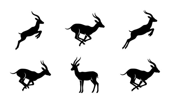 Gazelle Silhouette Collection: Dynamic Running and Standing Poses, African Wildlife Vector Icons for Nature and Safari Designs