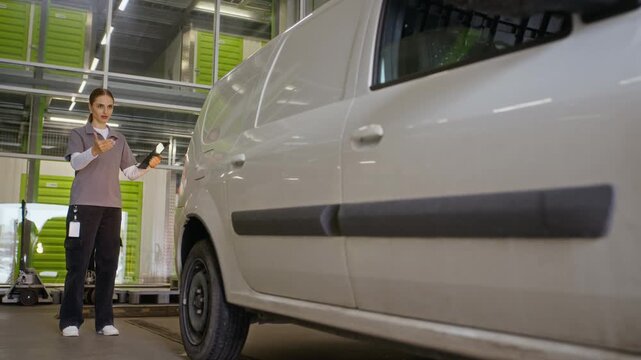 Caucasian young adult female worker guiding delivery van driver in self storage facility. Footage is ideal for logistics and warehouse business marketing