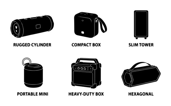 Portable Audio Devices, Six Vector Silhouettes: Rugged Cylinder, Compact Box, Slim Tower, Mini Speaker, Heavy Duty Box, Hexagonal Speaker